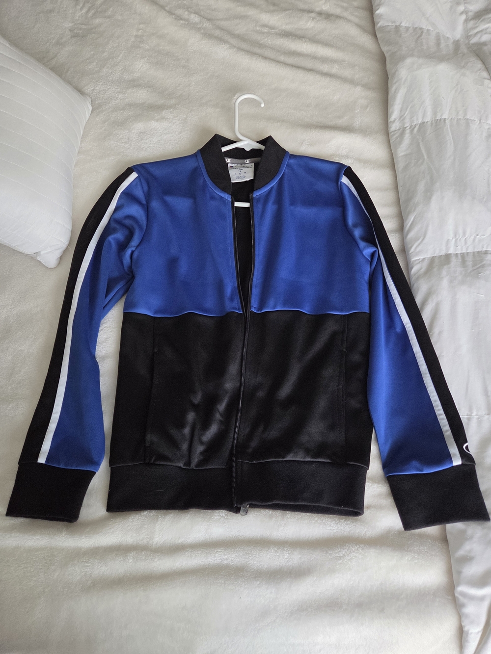 Champion Blue and Black Zip Bomber Jacket with White Stripe